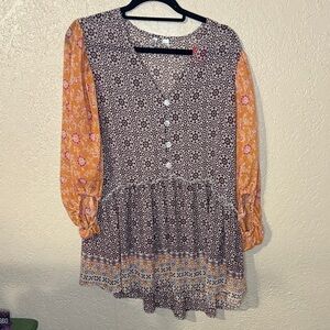 Cato Floral Tunic with Orange Sleeves